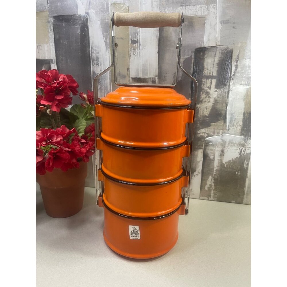 Viking Tiffin Meal Carrier Lunch Box Orange Enamel 4-Tier Poland